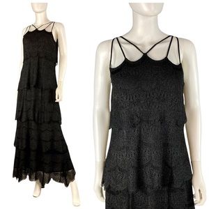 Vintage Damianou black Metallic Eyelet sparkle tiered lace maxi dress